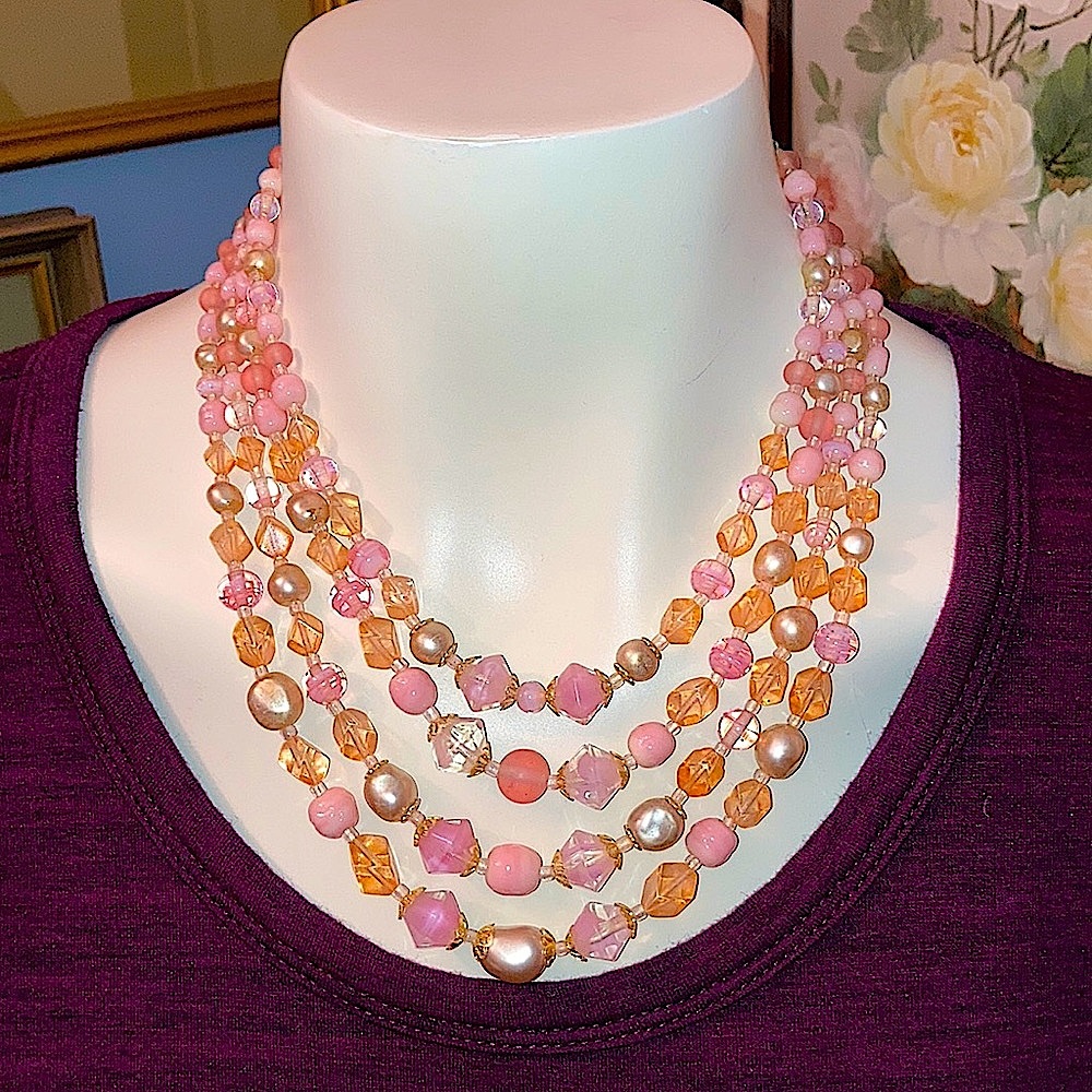 Vintage light pink four layer necklace glass beats